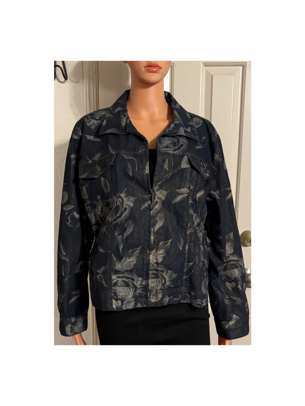 Chico's Dark Navy Floral Denim Jacket